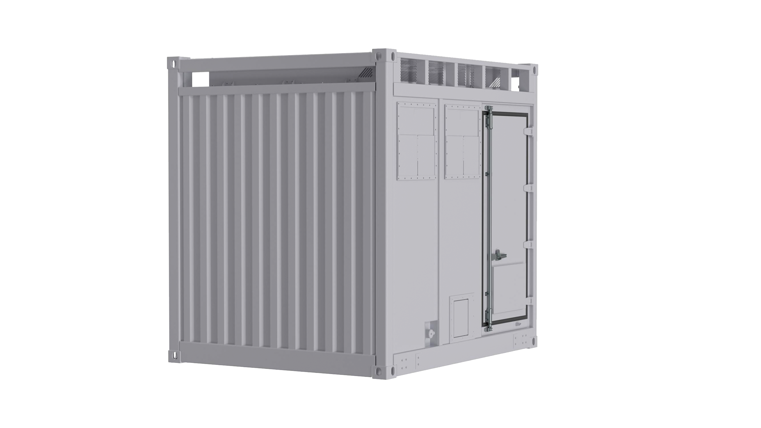 Schräge Rückansicht eines kompakten Energiespeichercontainers
