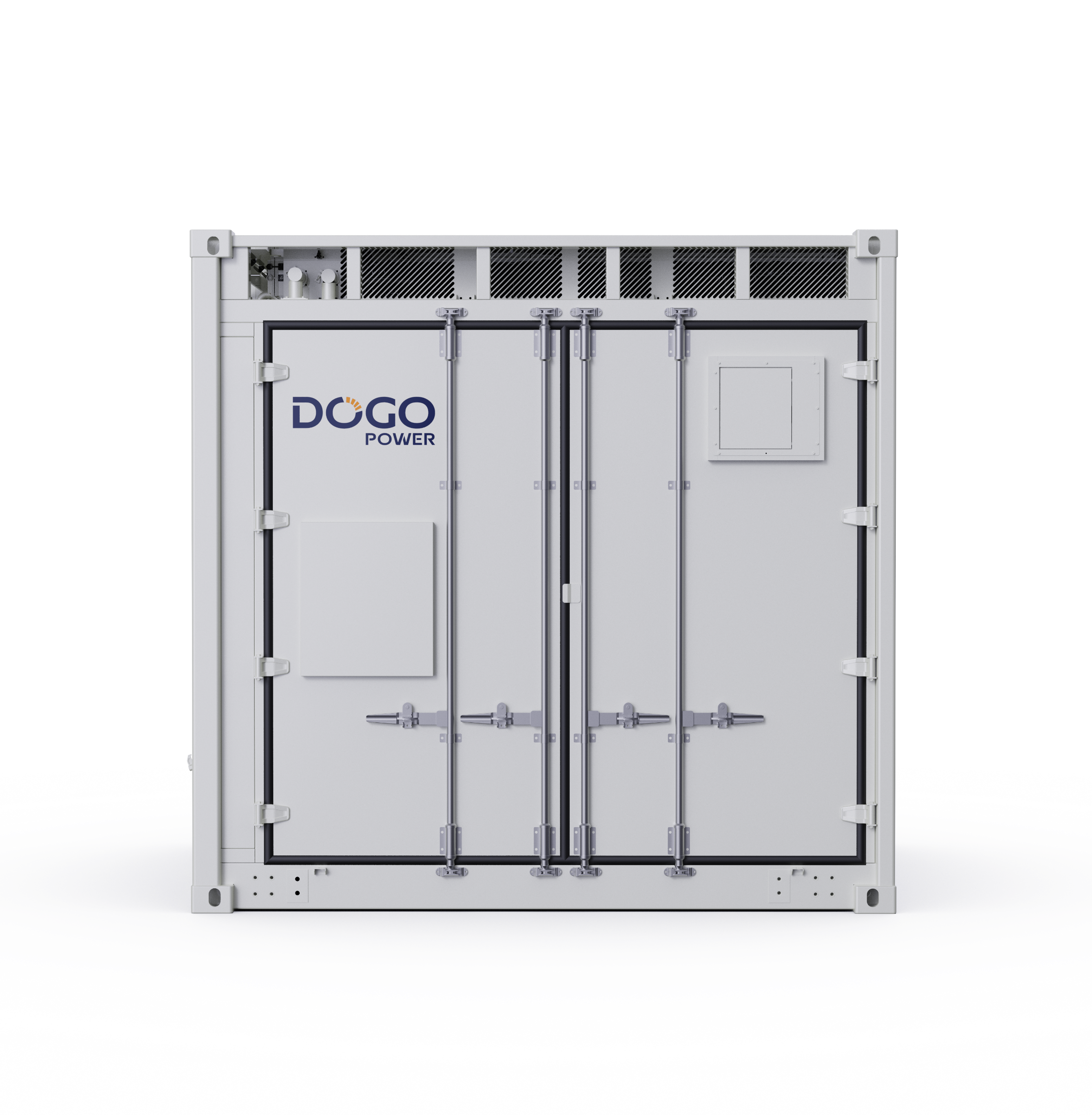 Front view of a DoGo Power compact storage container