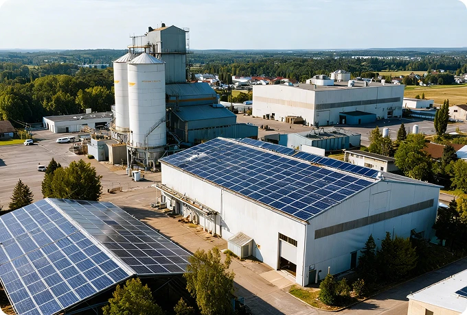 Industrieanlage mit Solarmodulen auf dem Dach 